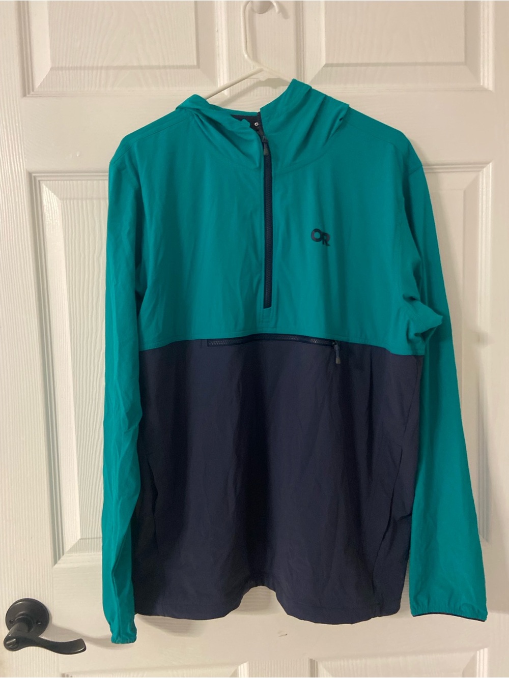 T40- OUTDOOR RESEARCH Navy-Teal Quarter Zip FERROSI ANORAK Windbreaker Hoodie
